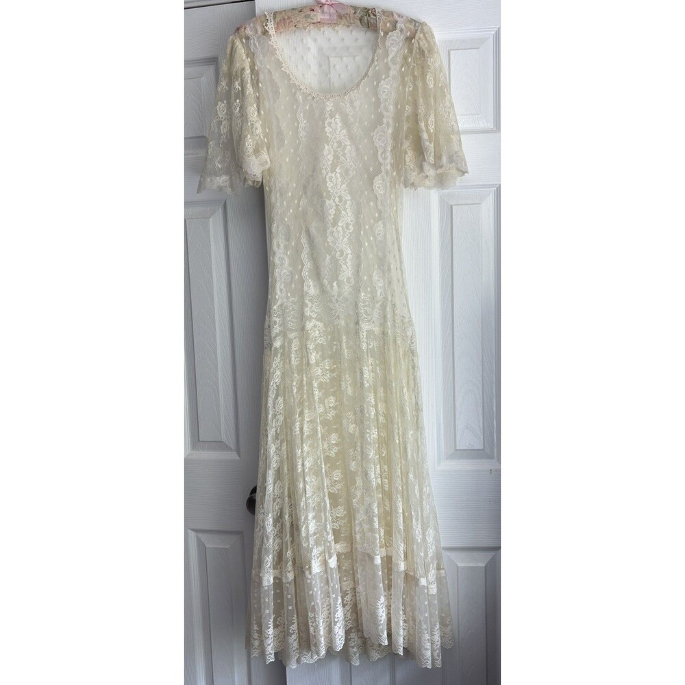 VTG 80s Lace Drop Waist Formal Dress Gown Overlay Ivory 11/12 Romantic Bridal?